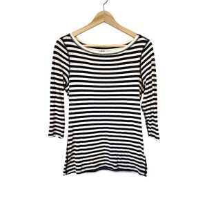 Three Dots Navy Blue White Stripe Cotton‎ Blend 3/4 Sleeve Shirt Size Large
